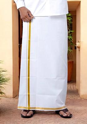 White Cotton White Solid Gold Jari Border Single Layer Dhoti For Men