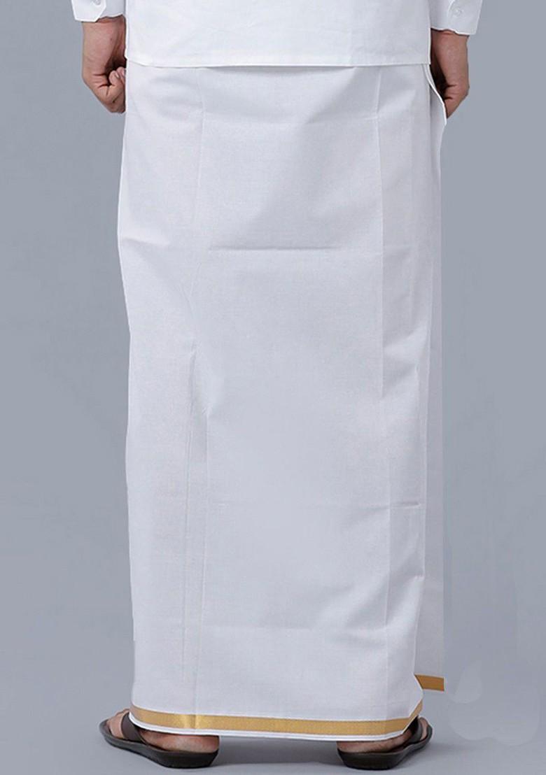 White Cotton White Solid Gold Jari Border Single Layer Dhoti For Men - Indya