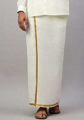 Cream Solid Adjustable Dhoti With Border For Men