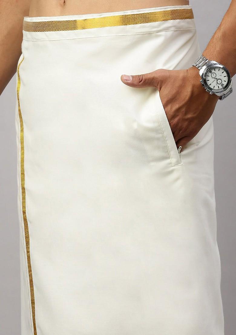 Cream Solid Adjustable Dhoti With Border For Men - Indya
