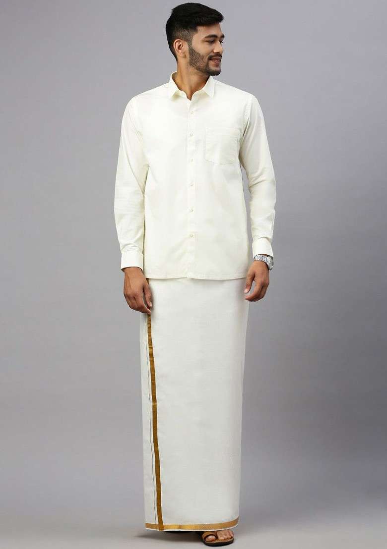 Cream Solid Adjustable Dhoti With Border For Men - Indya
