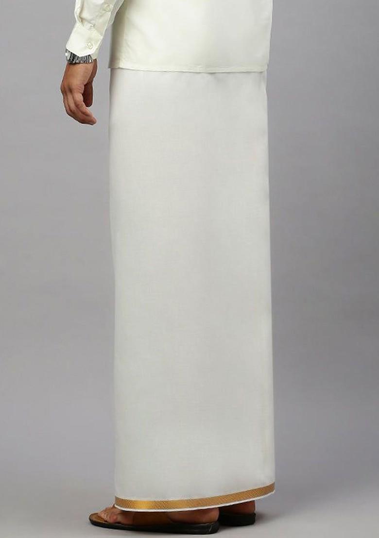 Cream Solid Adjustable Dhoti With Border For Men - Indya