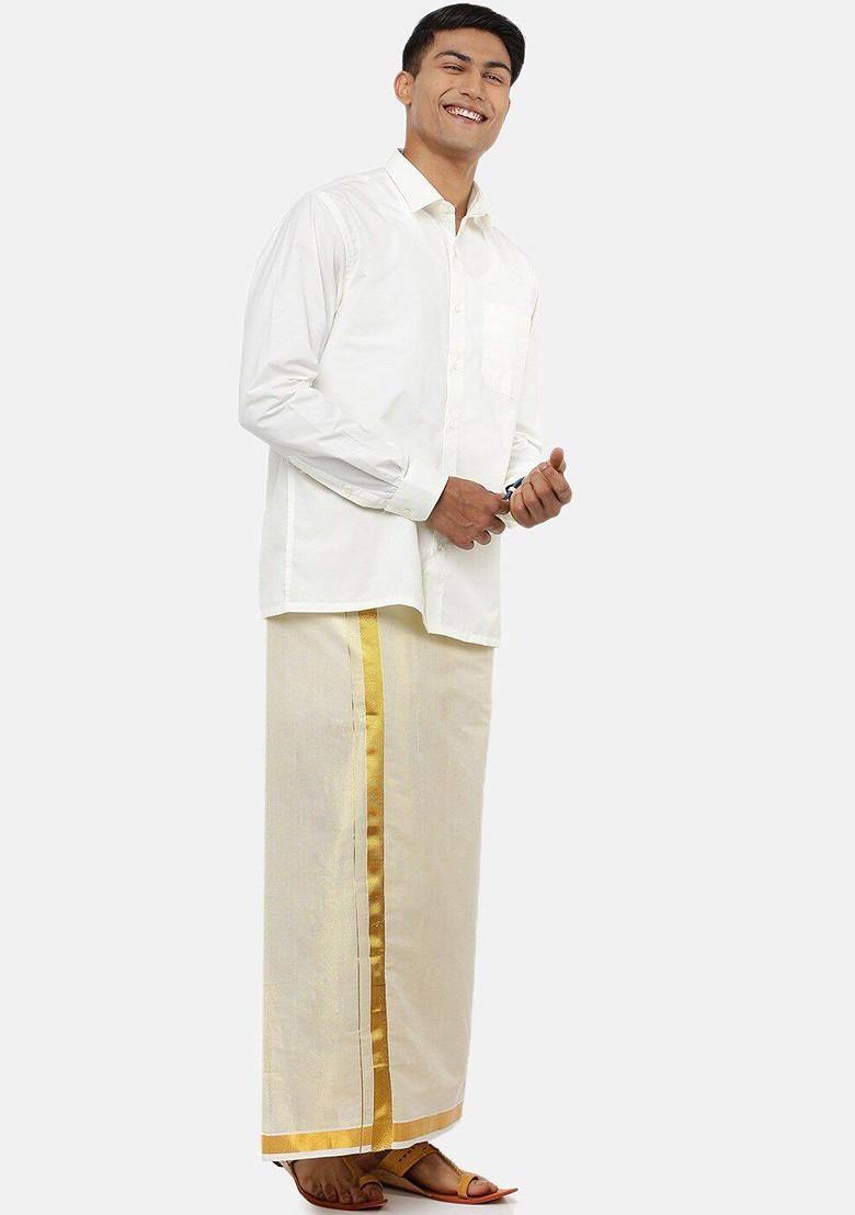 Cream Tissue Cream Solid Gold Jari Border Single Layer Dhoti For Men - Indya