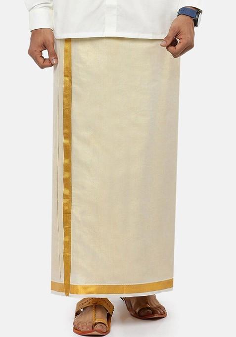 Cream Tissue Cream Solid Gold Jari Border Single Layer Dhoti For Men