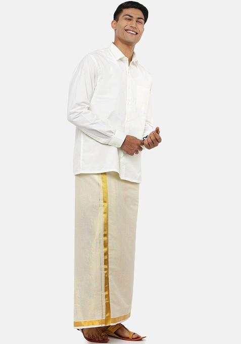 Cream Tissue Cream Solid Gold Jari Border Single Layer Dhoti For Men