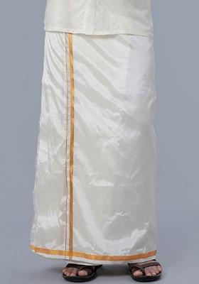 Off White Art Silk Cream Solid Gold Jari Border Double Layer Dhoti For Men