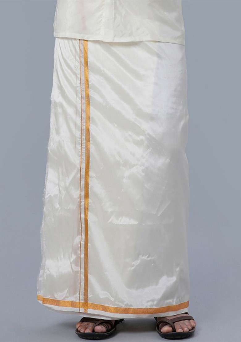 Off White Art Silk Blend Cream Solid Gold Jari Border Double Layer Dhoti For Men - Indya