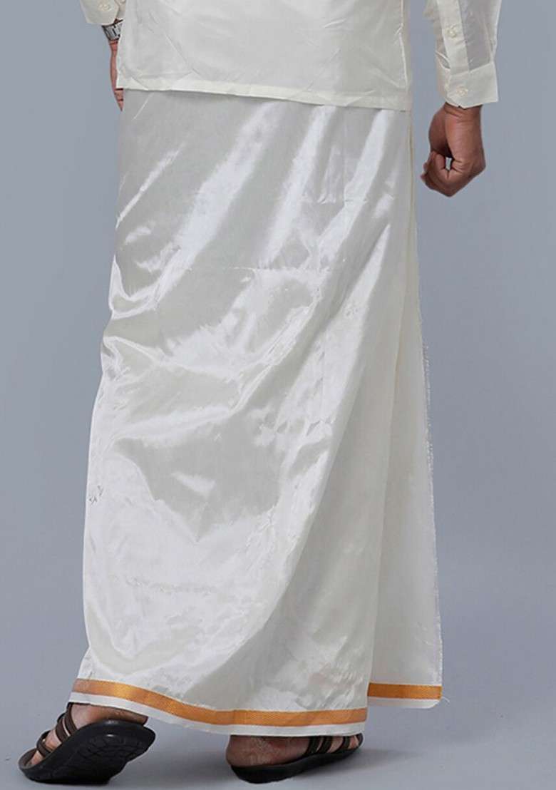 Off White Art Silk Blend Cream Solid Gold Jari Border Double Layer Dhoti For Men - Indya