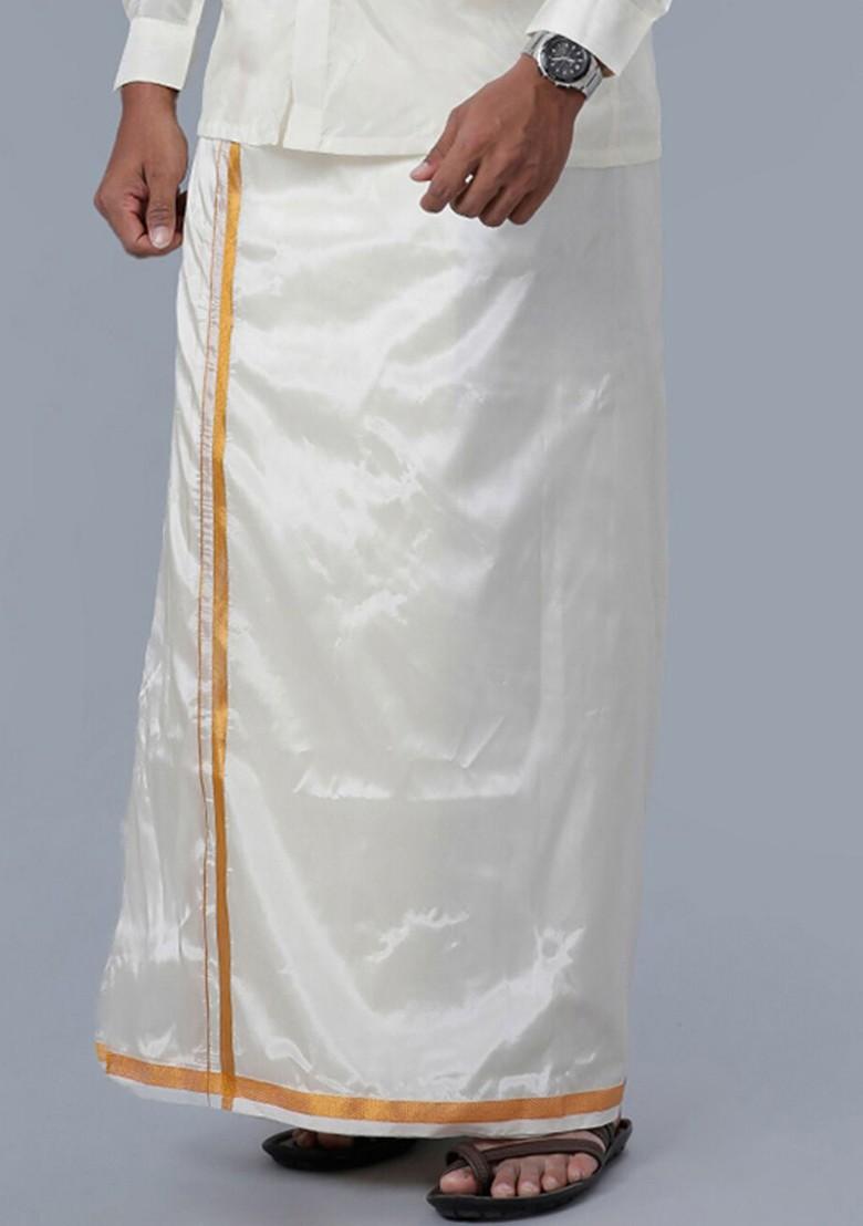 Off White Art Silk Cream Solid Gold Jari Border Double Layer Dhoti For Men - Indya