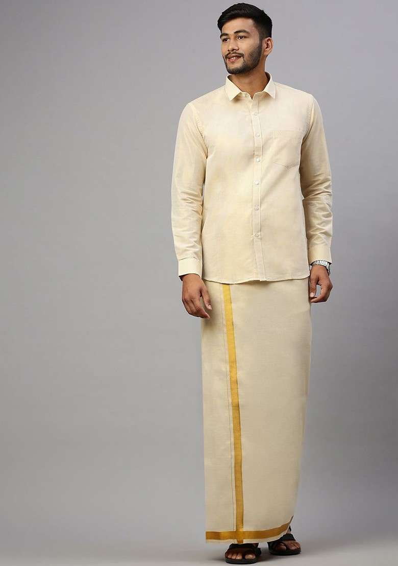 Gold Solid Adjustable Dhoti For Men - Indya