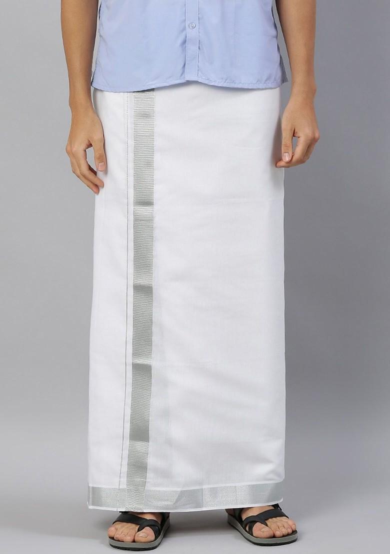 White Pure Cotton Double Layer Dhoti With Silver Zari Border For Men