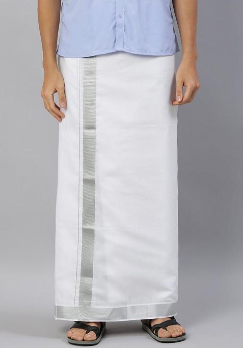 White Pure Cotton Double Layer Dhoti With Silver Zari Border For Men