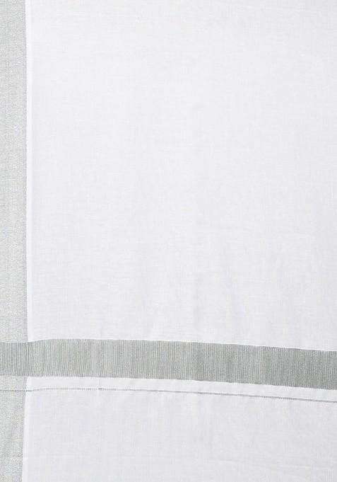White Pure Cotton Double Layer Dhoti With Silver Zari Border For Men