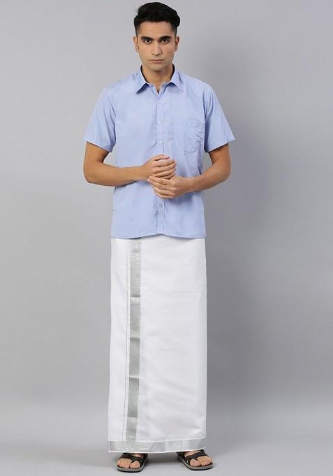 White Pure Cotton Double Layer Dhoti With Silver Zari Border For Men