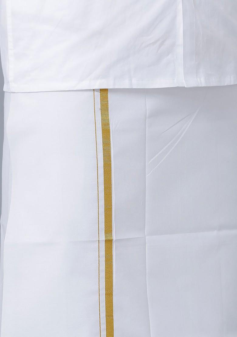 White Cotton White Solid Gold Jari Border Single Layer Dhoti For Men