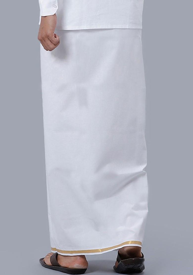 White Cotton White Solid Gold Jari Border Single Layer Dhoti For Men