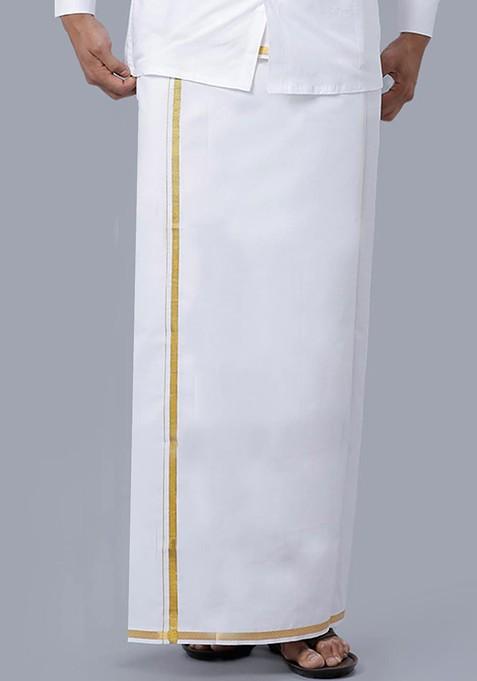 White Cotton White Solid Gold Jari Border Single Layer Dhoti For Men