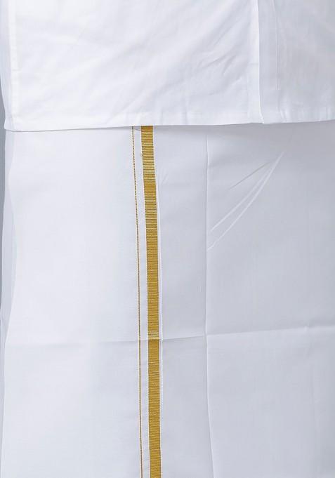 White Cotton White Solid Gold Jari Border Single Layer Dhoti For Men