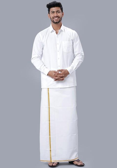 White Cotton White Solid Gold Jari Border Single Layer Dhoti For Men