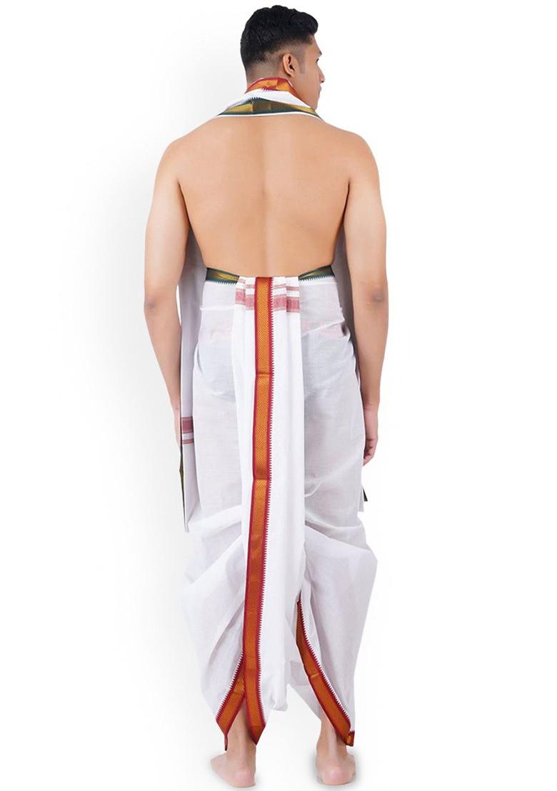 White Cotton Panchakacham Dhoti With Angavastram For Men