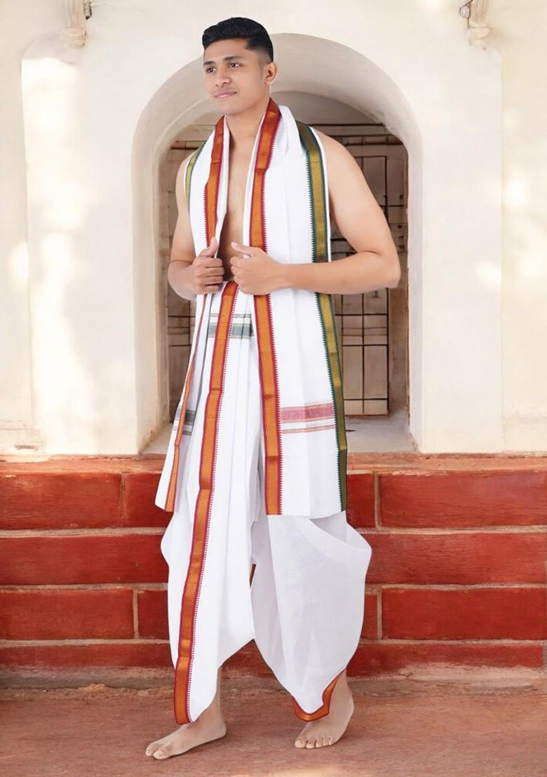 White Cotton Panchakacham Dhoti With Angavastram For Men
