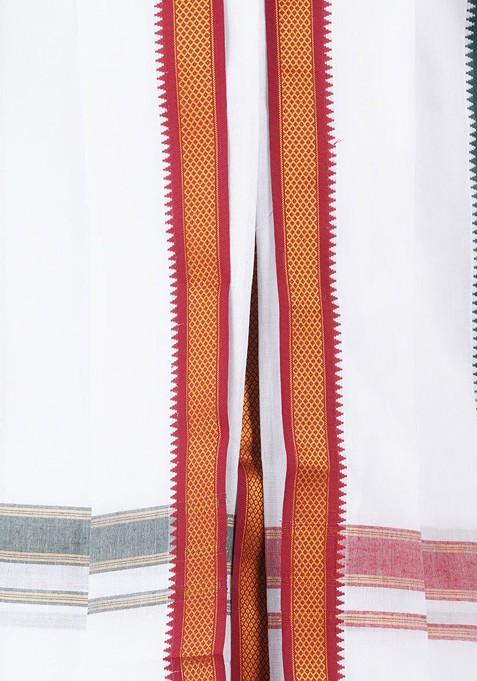 White Cotton Panchakacham Dhoti With Angavastram For Men