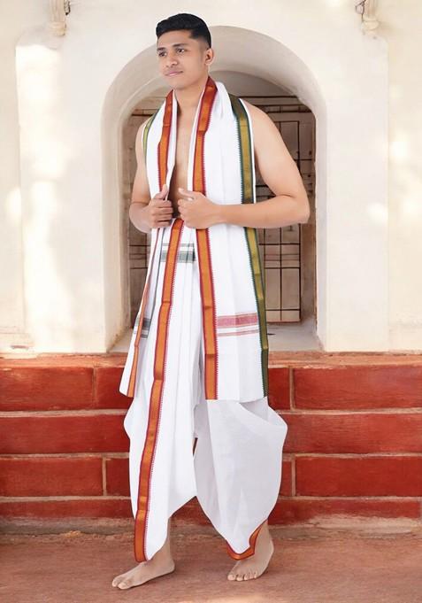 White Cotton Panchakacham Dhoti With Angavastram For Men