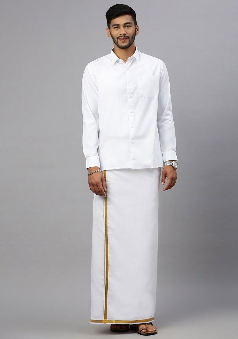 White Solid Gold Jari Border Single Layer Adjustable Cotton Dhoti With Pocket For Men - Indya