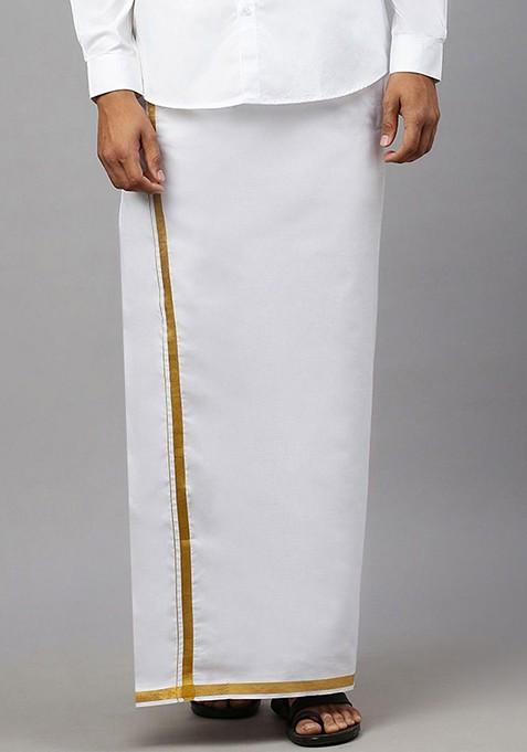 White Solid Gold Jari Border Single Layer Adjustable Cotton Dhoti With Pocket For Men