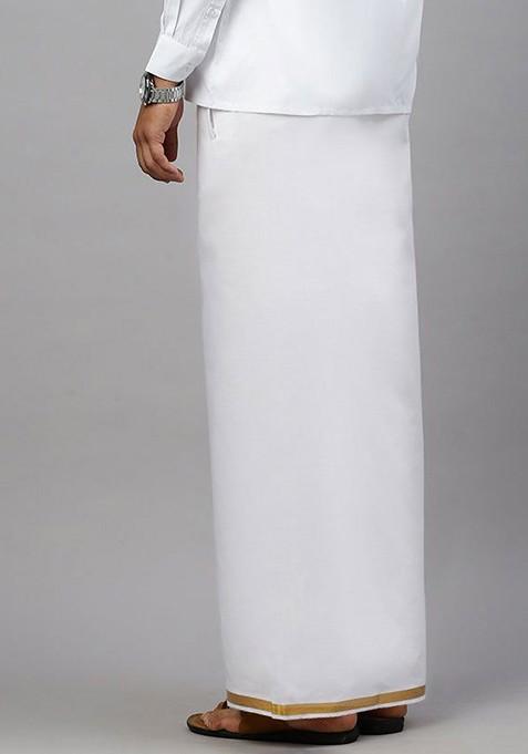 White Solid Gold Jari Border Single Layer Adjustable Cotton Dhoti With Pocket For Men