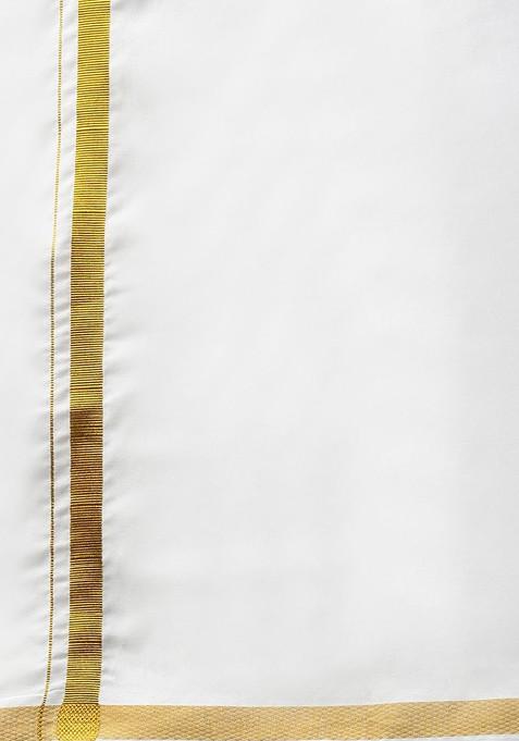 White Solid Gold Jari Border Single Layer Adjustable Cotton Dhoti With Pocket For Men