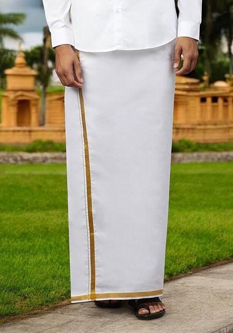 White Solid Gold Jari Border Single Layer Adjustable Cotton Dhoti With Pocket For Men