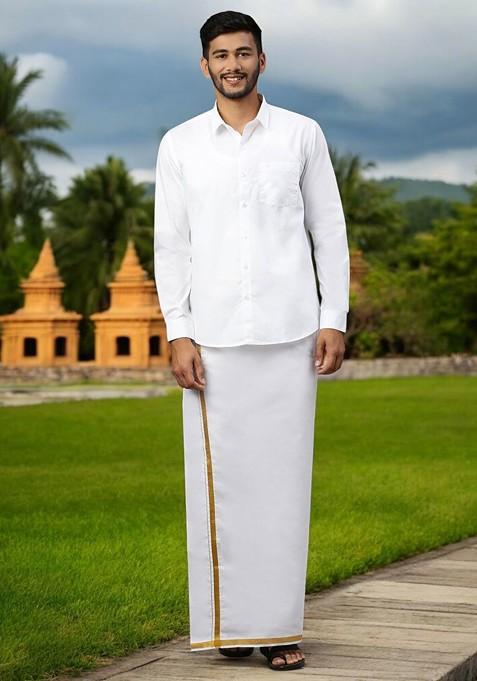 White Solid Gold Jari Border Single Layer Adjustable Cotton Dhoti With Pocket For Men