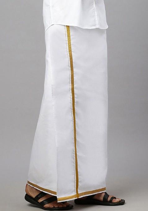 White Solid Gold Jari Border Single Layer Adjustable Cotton Dhoti With Pocket For Men