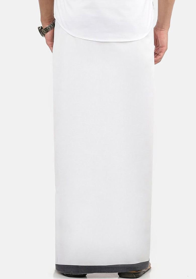 White Cotton White Solid Black Border Double Layer Dhoti For Men
