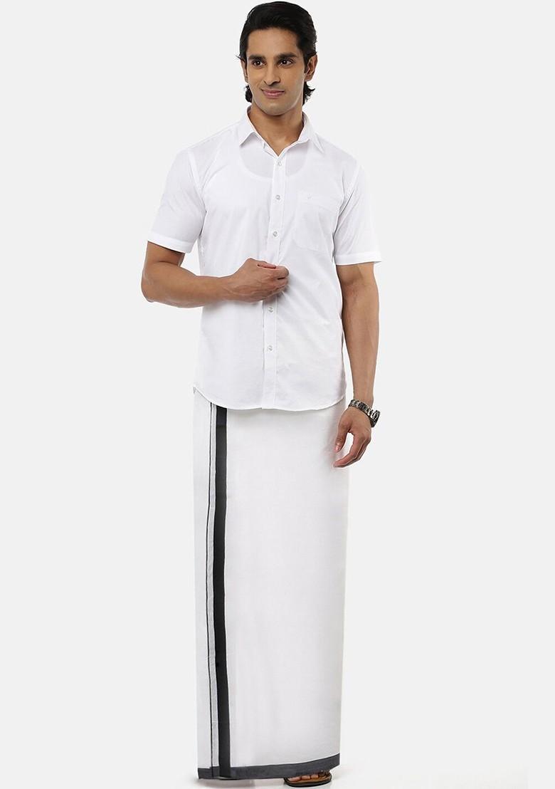 White Cotton White Solid Black Border Double Layer Dhoti For Men