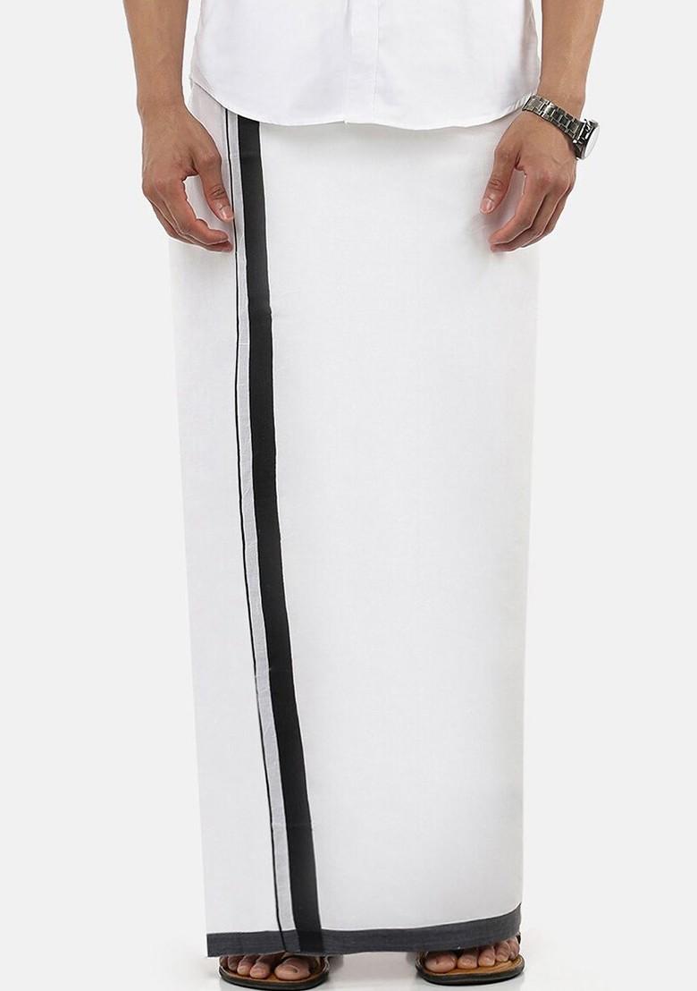 White Cotton White Solid Black Border Double Layer Dhoti For Men