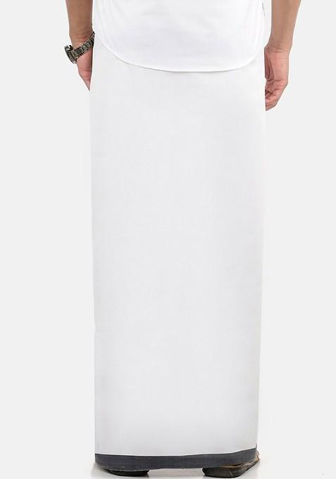 White Cotton White Solid Black Border Double Layer Dhoti For Men