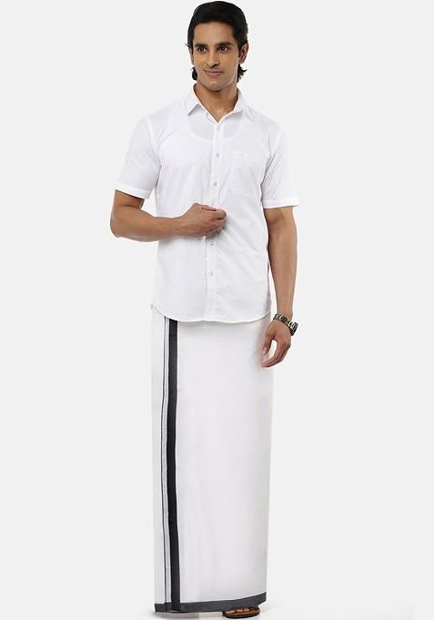 White Cotton White Solid Black Border Double Layer Dhoti For Men