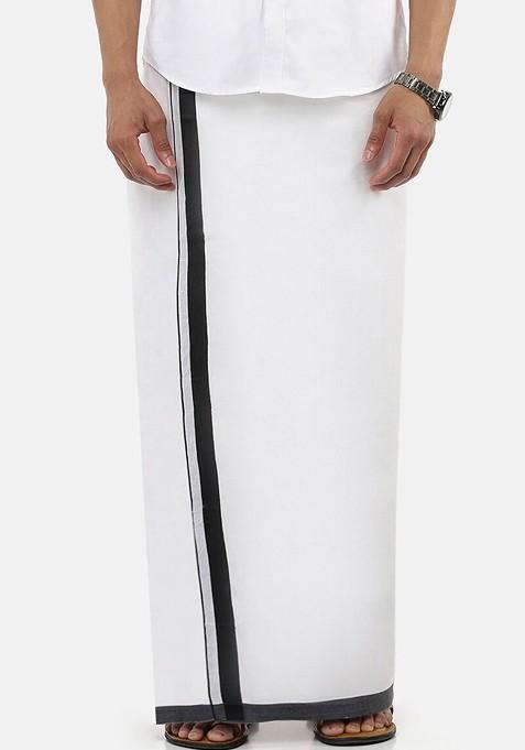 White Cotton White Solid Black Border Double Layer Dhoti For Men
