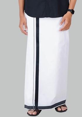 White Cotton White Solid Black Fancy Border Double Layer Dhoti For Men
