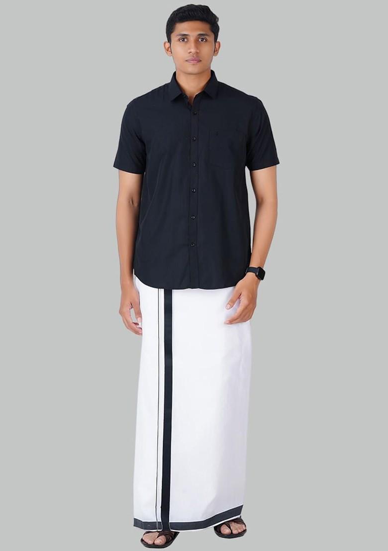 White Cotton White Solid Black Fancy Border Double Layer Dhoti For Men - Indya