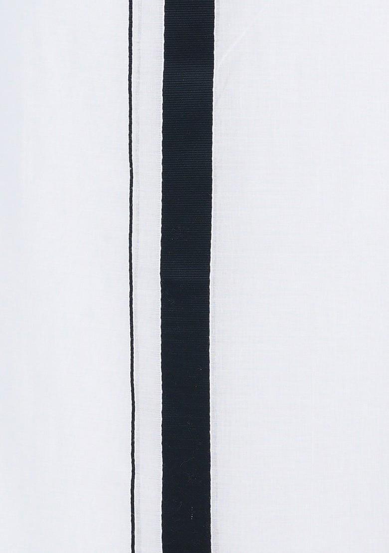 White Cotton White Solid Black Fancy Border Double Layer Dhoti For Men