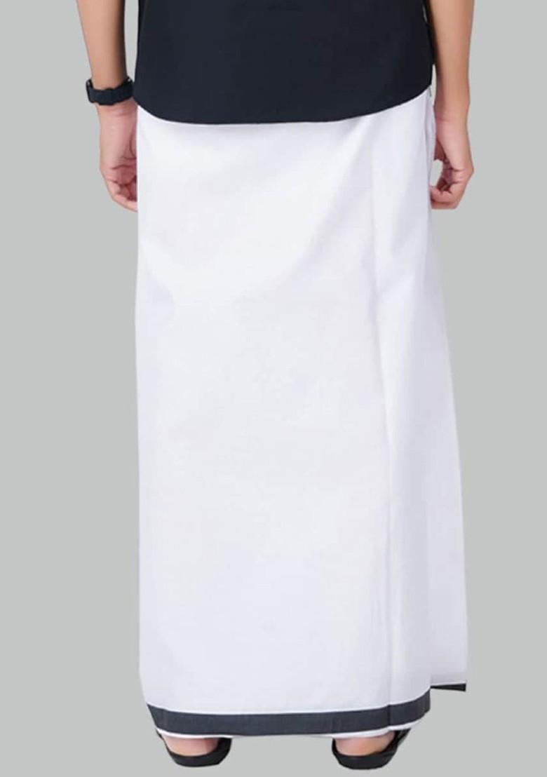 White Cotton White Solid Black Fancy Border Double Layer Dhoti For Men