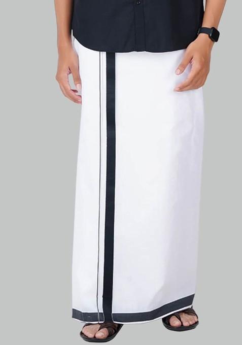 White Cotton White Solid Black Fancy Border Double Layer Dhoti For Men