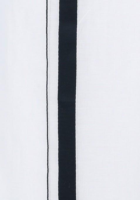 White Cotton White Solid Black Fancy Border Double Layer Dhoti For Men