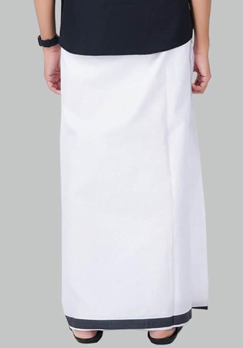 White Cotton White Solid Black Fancy Border Double Layer Dhoti For Men