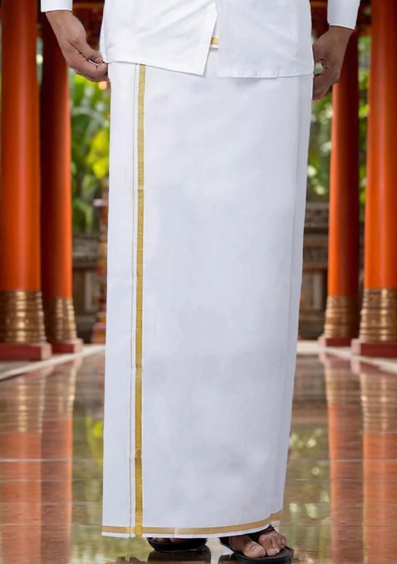 White Cotton White Solid Gold Jari Border Single Layer Dhoti For Men