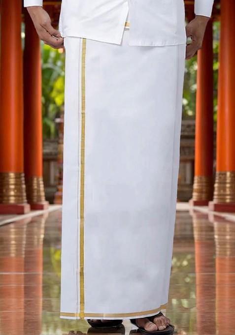 White Cotton White Solid Gold Jari Border Single Layer Dhoti For Men