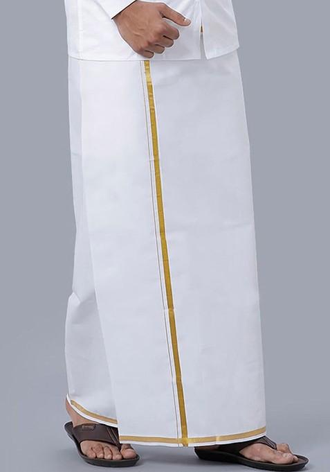White Cotton White Solid Gold Jari Border Single Layer Dhoti For Men